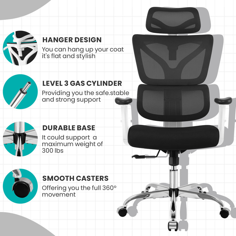 Ergonomically Designed Adjustable Office Mesh Chair with Portable Coat Hanger on Back White